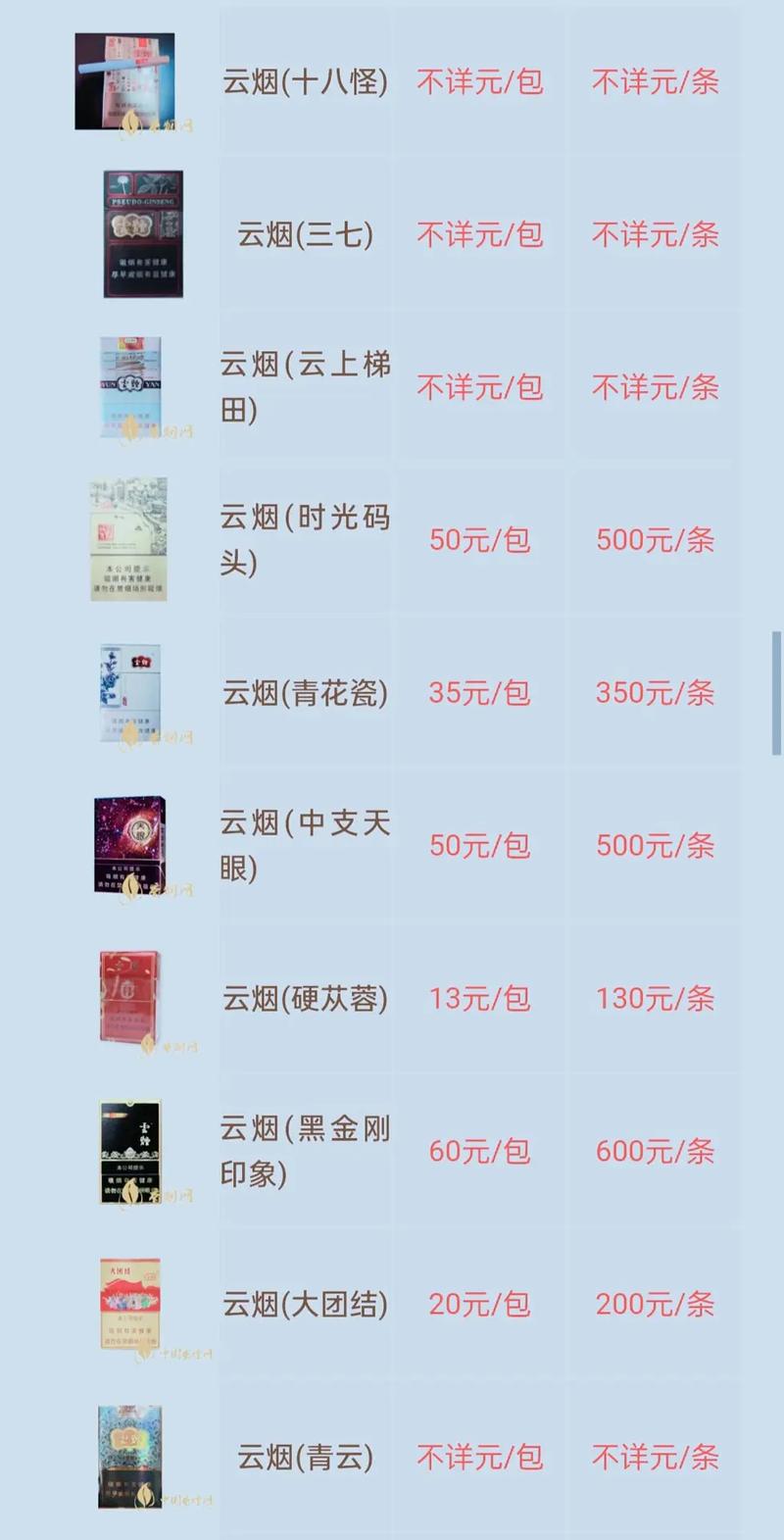 云霄香烟品牌价格表大全(云霄香烟价格表图)